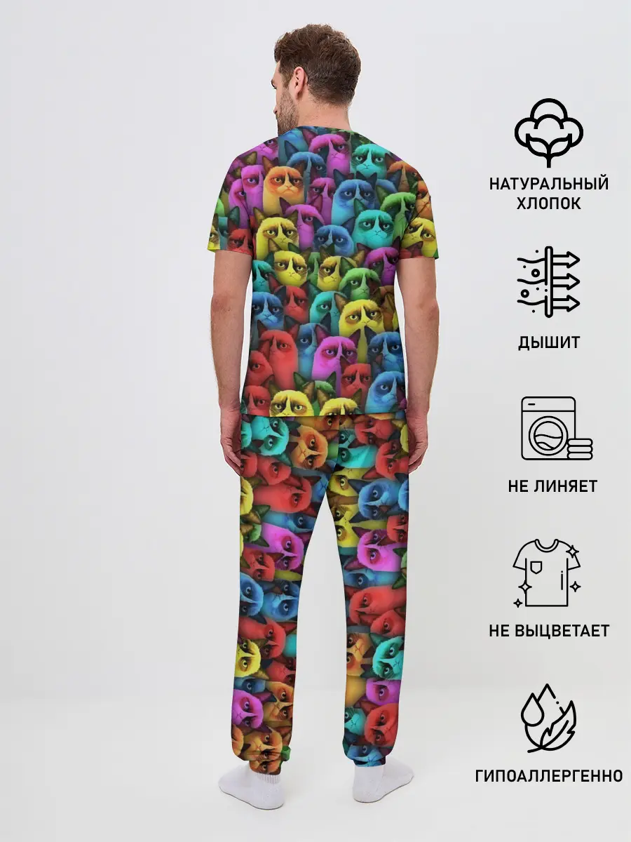 Мужская пижама с брюками / Разноцветные сердитые коты