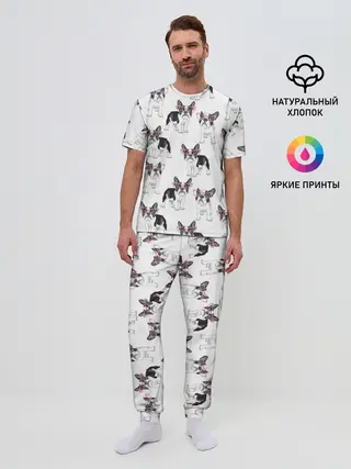 Мужская пижама с брюками / Французские бульдоги в очках
