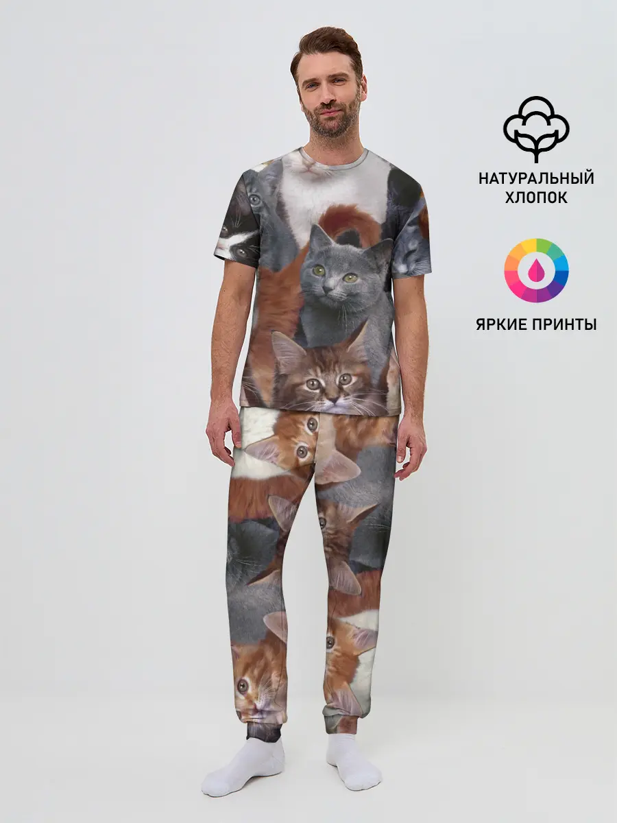 Мужская пижама с брюками / Много котов