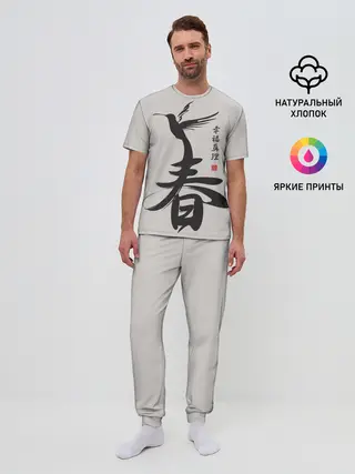Мужская пижама с брюками / Иероглиф Весна, Счастье, Истин