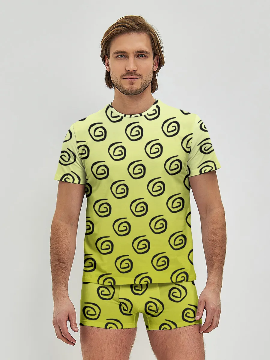 Мужские трусы с футболкой / узор спиральки на желтом фоне