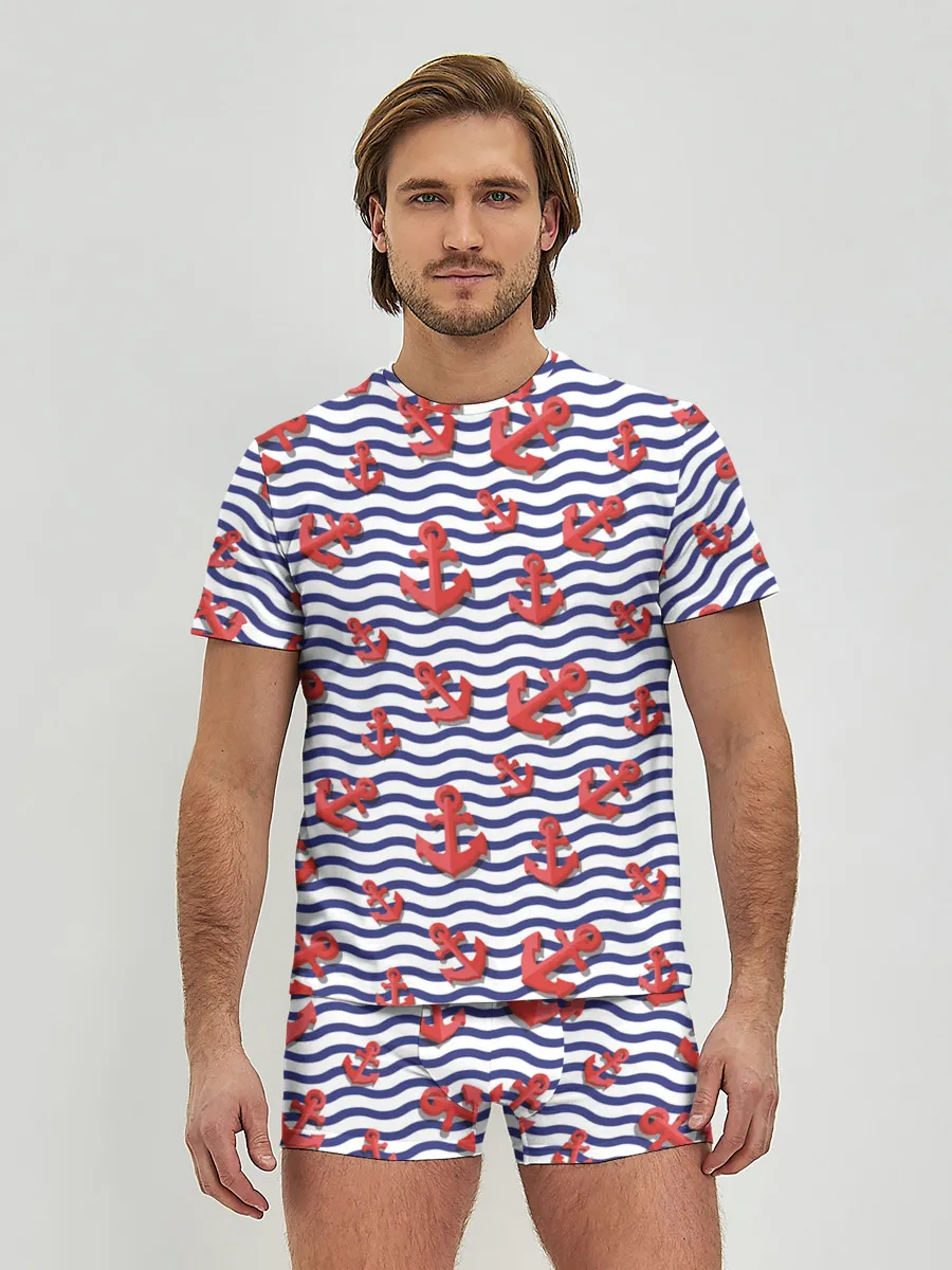 Мужские трусы с футболкой / Красные якоря