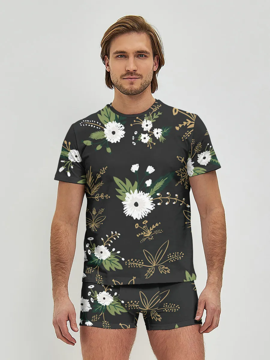 Мужские трусы с футболкой / Белые хризантемы