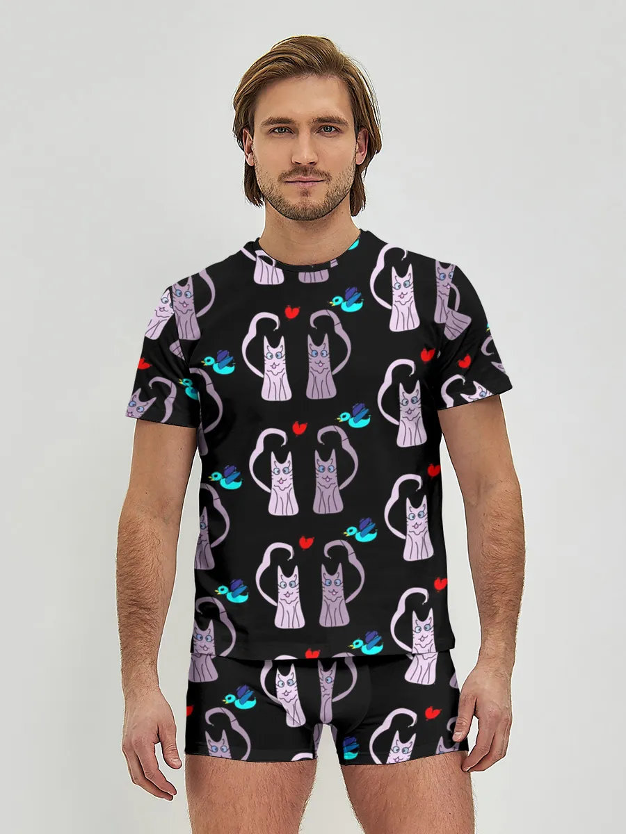 Мужские трусы с футболкой / Фиолетовые котики