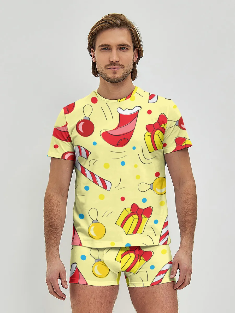 Мужские трусы с футболкой / Новогодний узор на желтом фоне