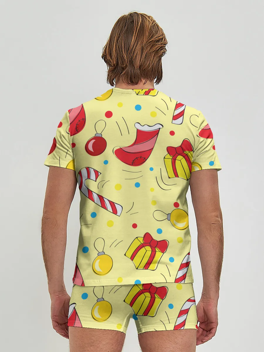 Мужские трусы с футболкой / Новогодний узор на желтом фоне