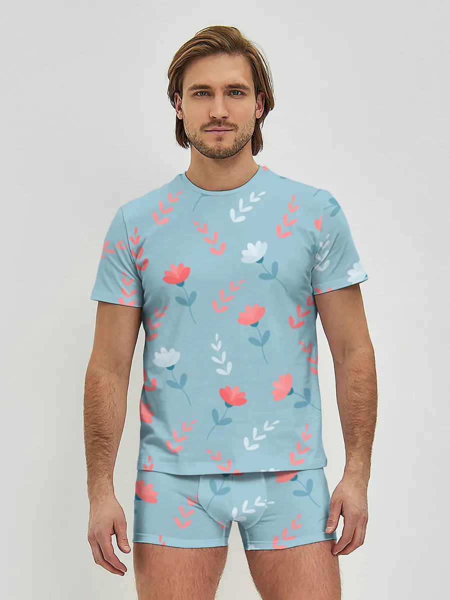 Мужские трусы с футболкой / Цветочки и листики на голубом