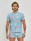 Мужские трусы с футболкой / Цветочки и листики на голубом