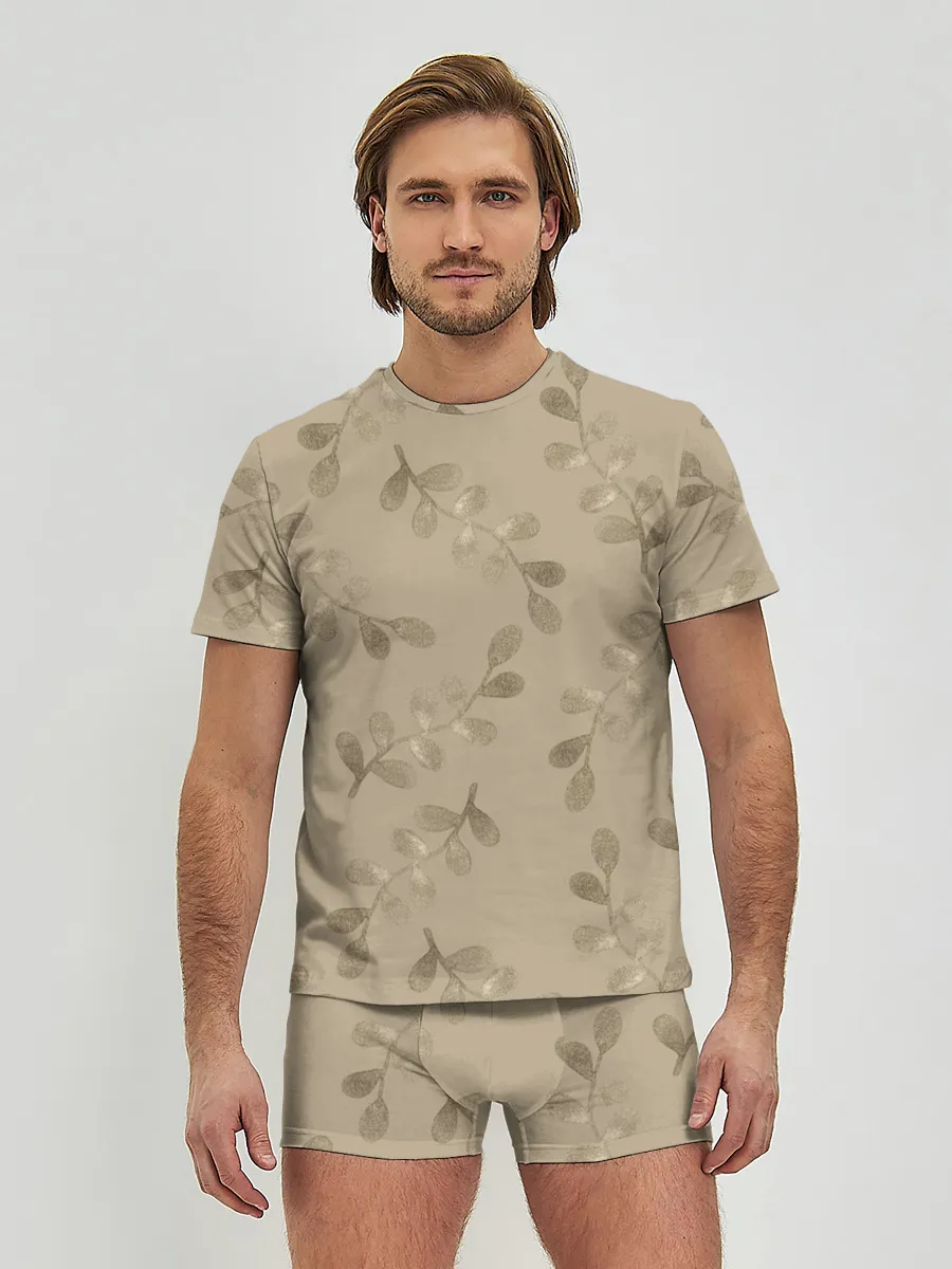 Мужские трусы с футболкой / Листья на бежевом фоне