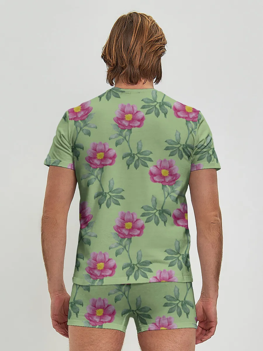 Мужские трусы с футболкой / Пионы на светло зеленом фоне