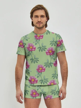 Мужские трусы с футболкой / Пионы на светло зеленом фоне