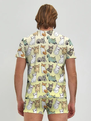 Мужские трусы с футболкой / мультяшные котики на желтом мя