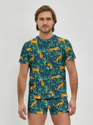 Мужские трусы с футболкой / Паттерн из Тигров и Растений