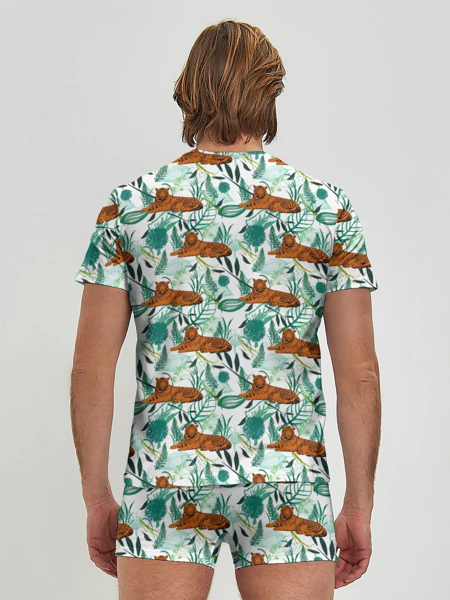 Мужские трусы с футболкой / Цветы и Тигр Паттерн