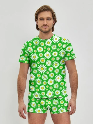 Мужские трусы с футболкой / Ромашки на зелёном фоне