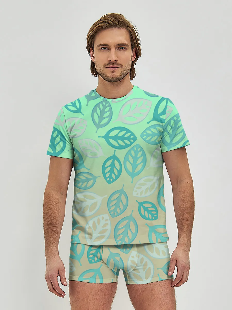 Мужские трусы с футболкой / узор из листиков