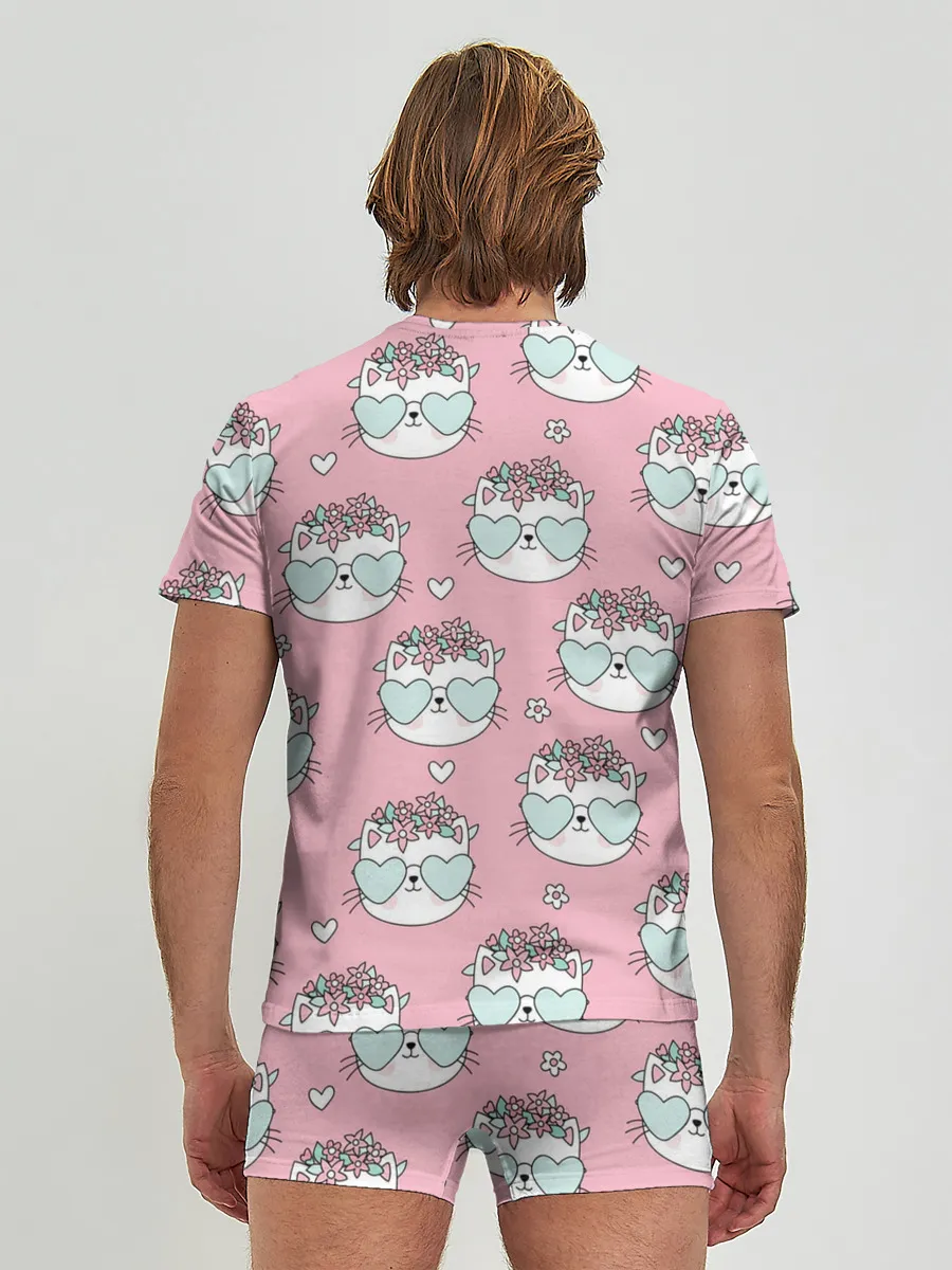 Мужские трусы с футболкой / Котики с цвточками