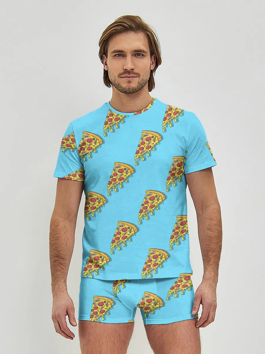 Мужские трусы с футболкой / Пицца паттерн на голубом