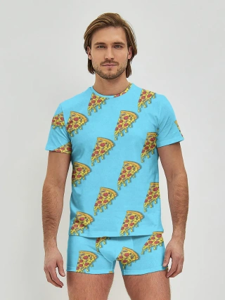 Мужские трусы с футболкой / Пицца паттерн на голубом