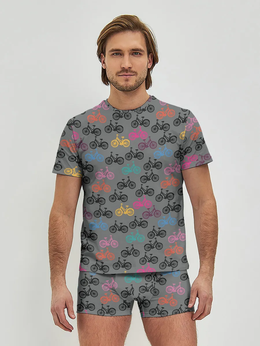 Мужские трусы с футболкой / Цветные велосипеды паттерн