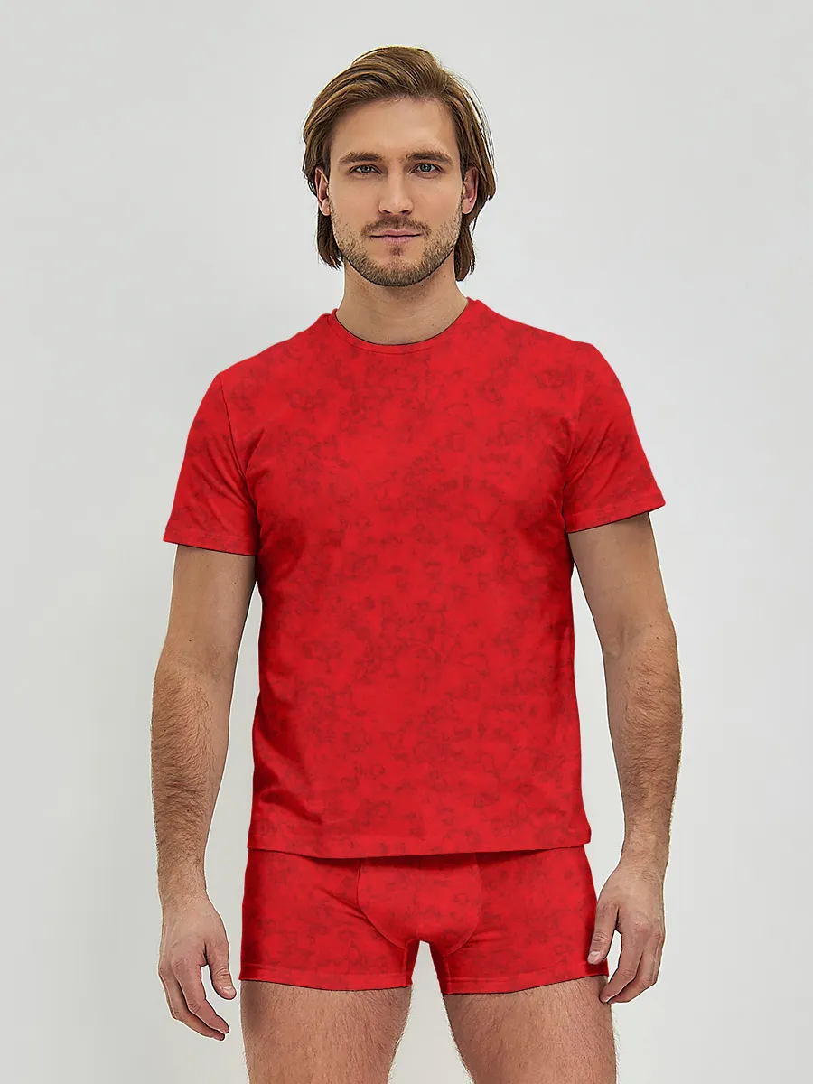 Мужские трусы с футболкой / Ярко-красный мраморный узор