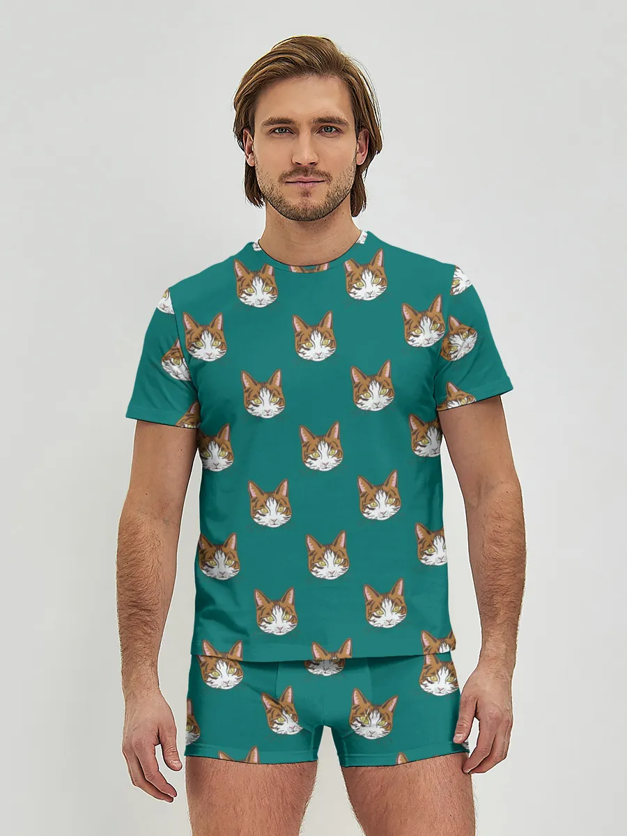 Мужские трусы с футболкой / Рыжий кот паттерн