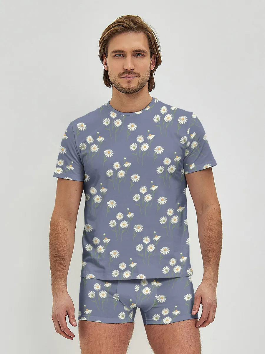 Мужские трусы с футболкой / Ромашки на сером паттерн