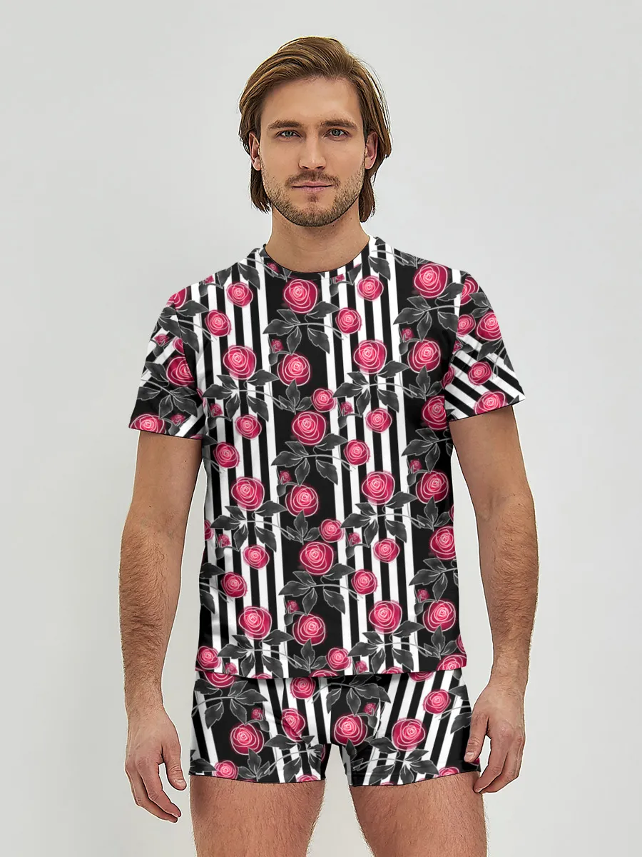 Мужские трусы с футболкой / акварельные розы на полосатом