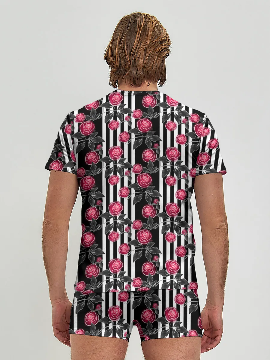 Мужские трусы с футболкой / акварельные розы на полосатом
