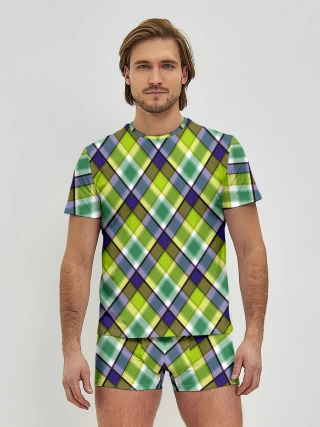 Мужские трусы с футболкой / Крупный клетчатый косой узор