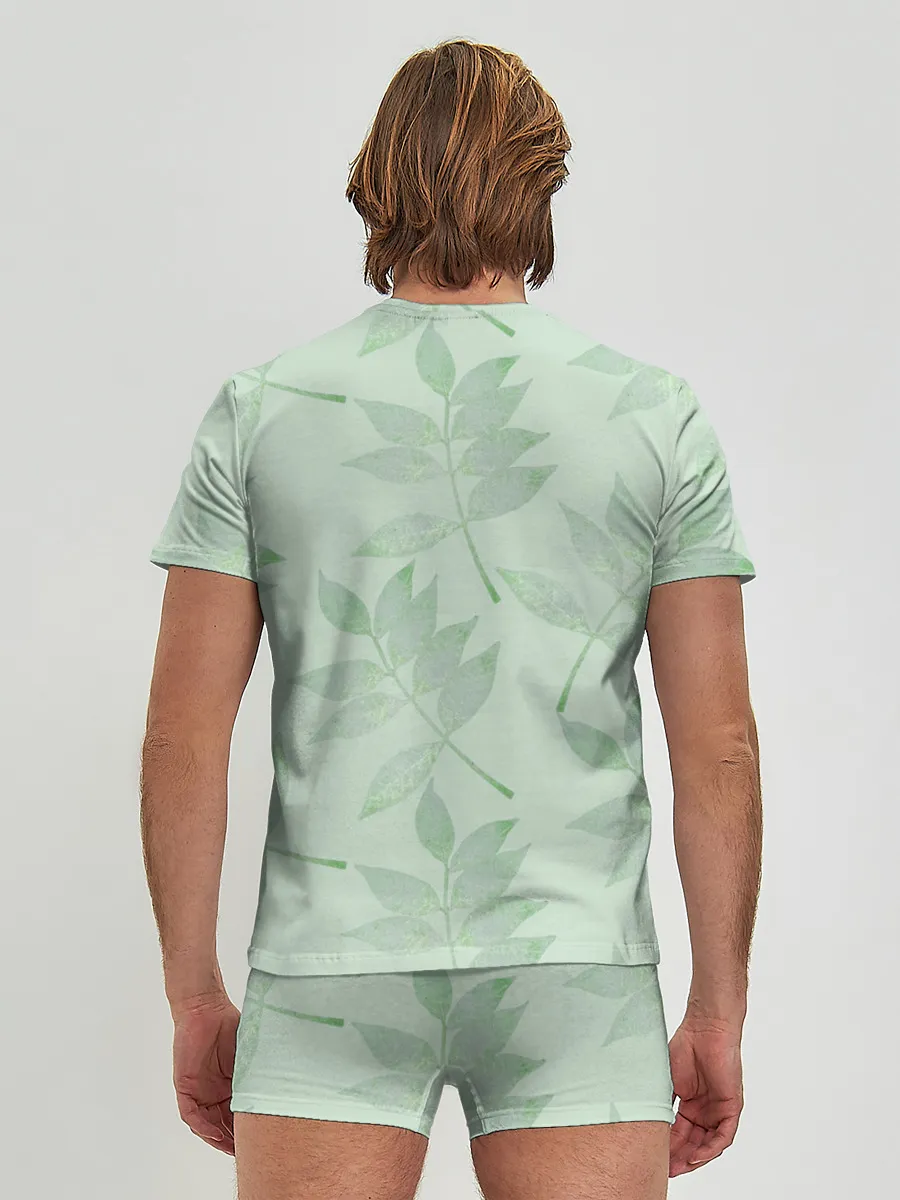 Мужские трусы с футболкой / Зеленые листья на светло зеленом