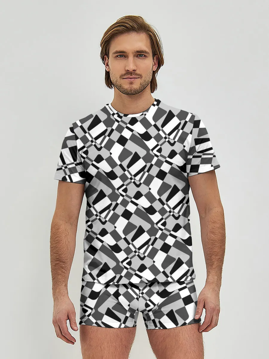 Мужские трусы с футболкой / Черно-белый абстрактный узор