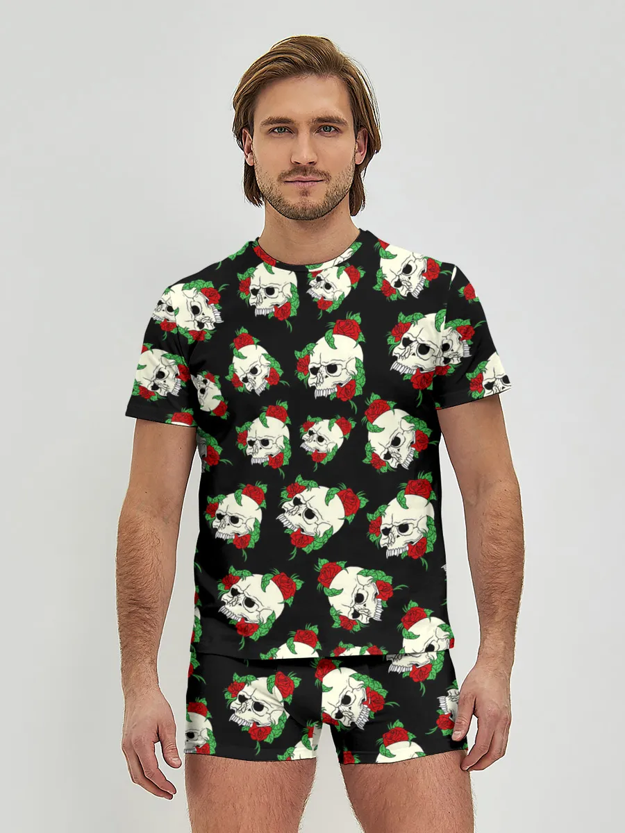 Мужские трусы с футболкой / Черепа и розы / Skull and Roses