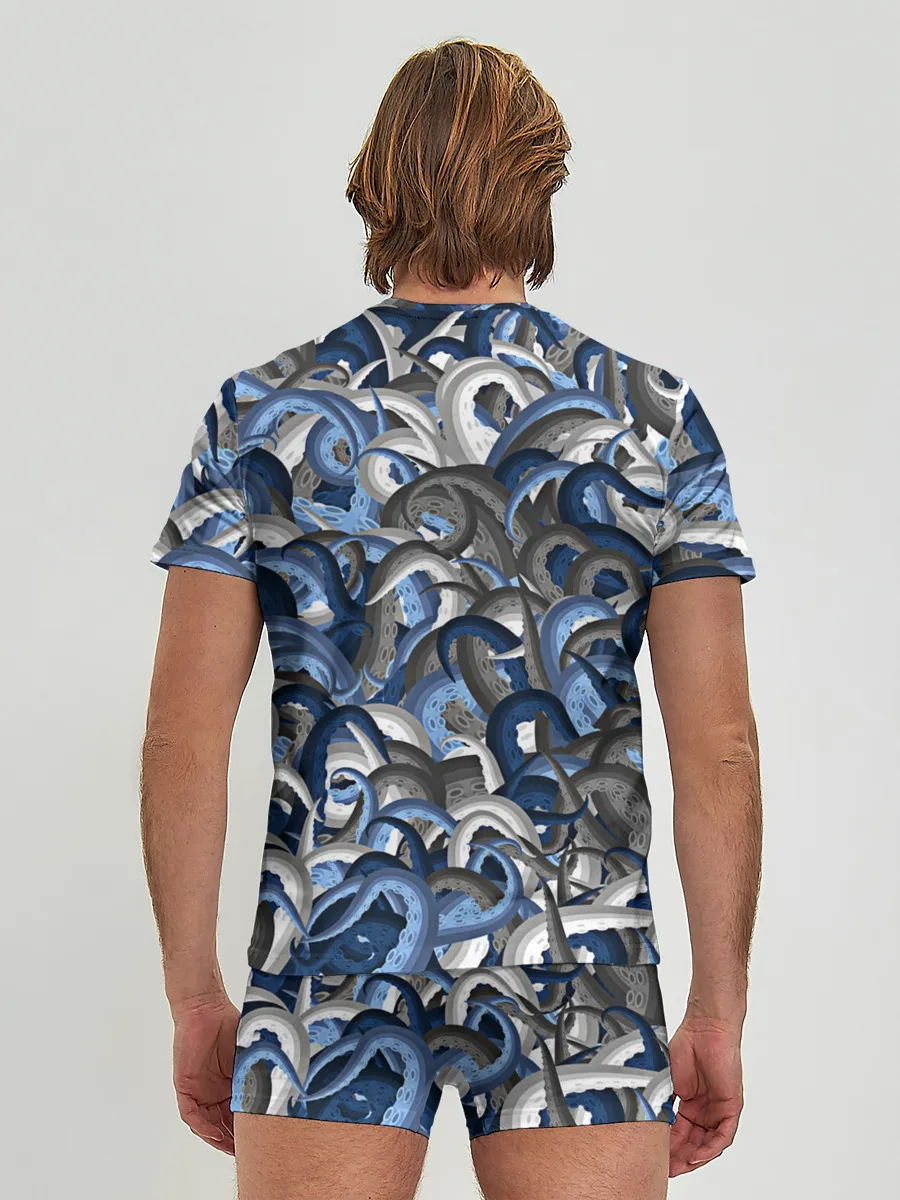 Мужские трусы с футболкой / Синий камуфляж с щупальцами