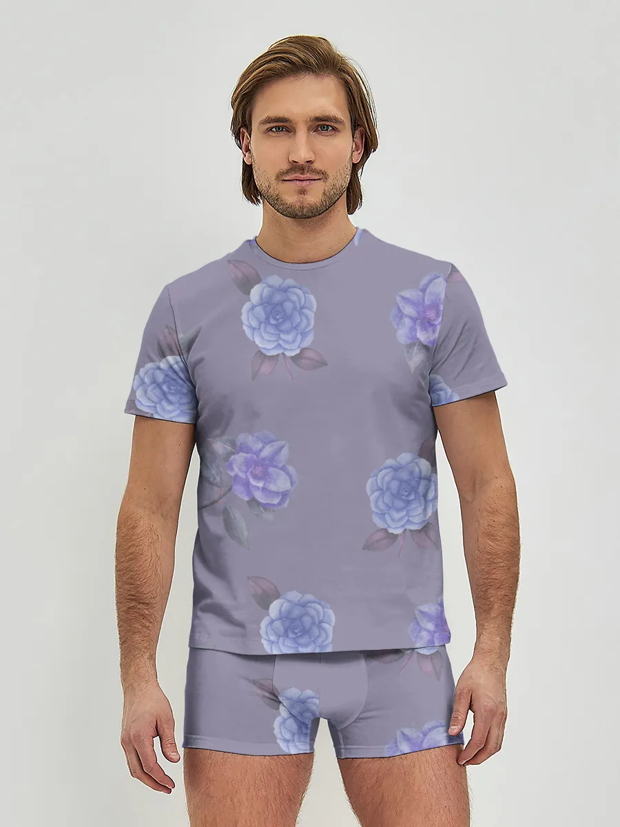Мужские трусы с футболкой / Голубые камелии на сером