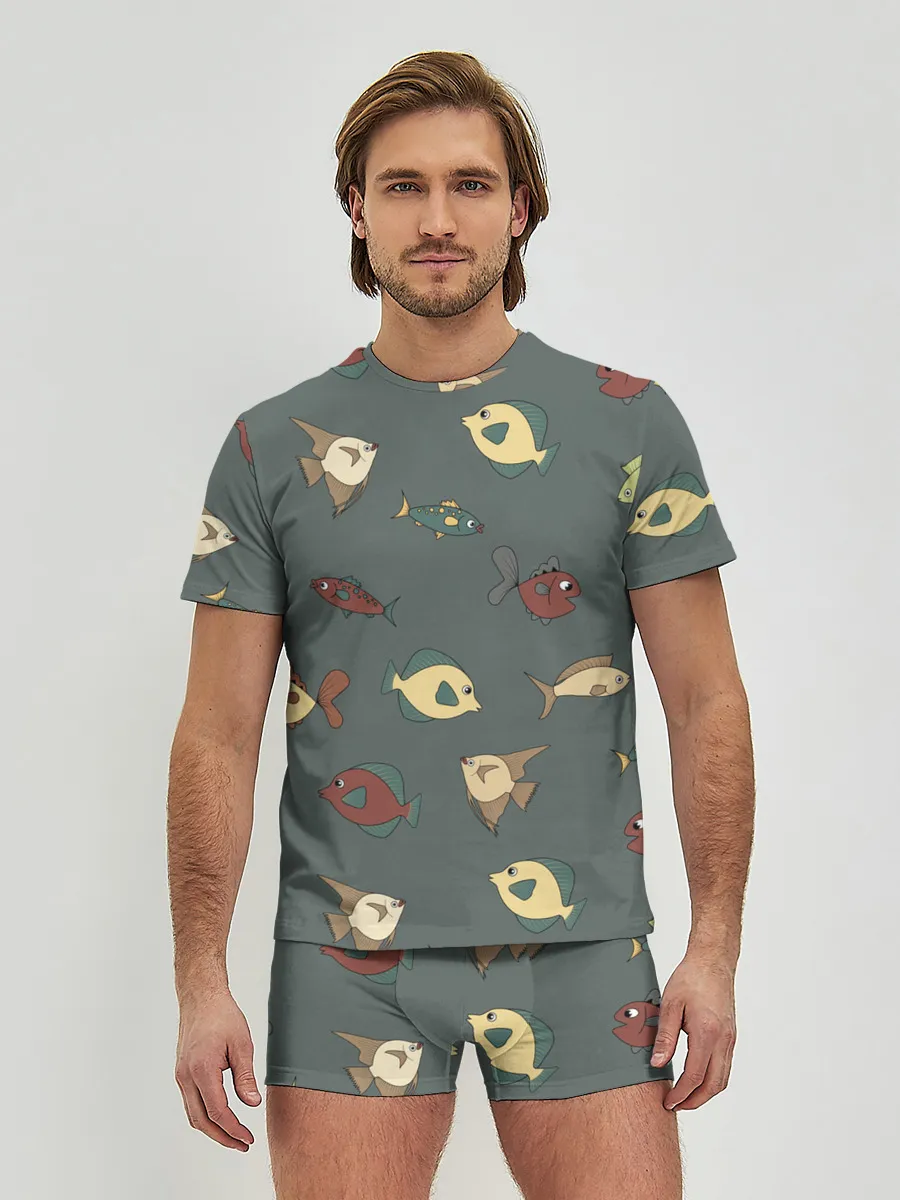 Мужские трусы с футболкой / Морские рыбки на зеленом фоне