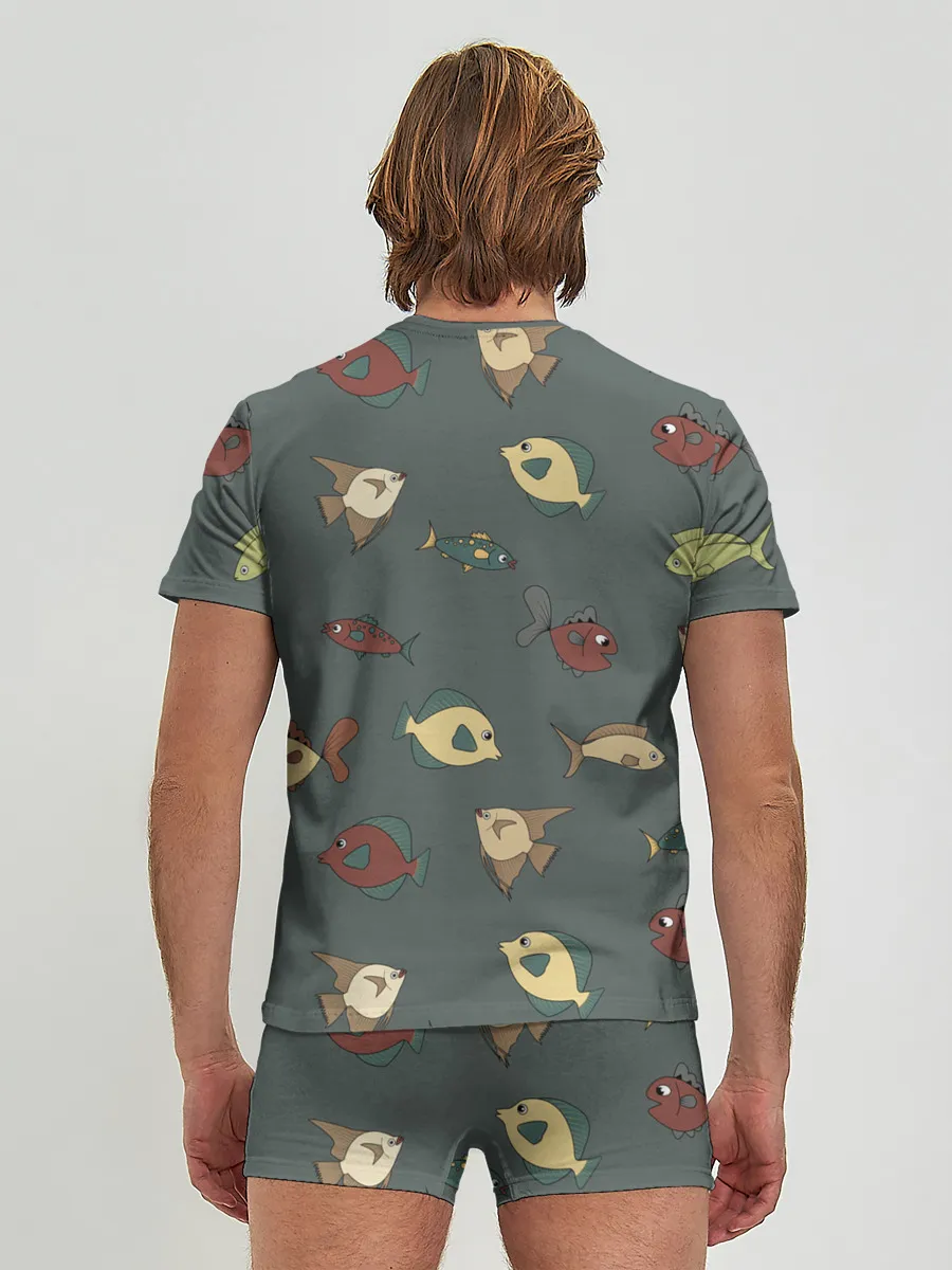 Мужские трусы с футболкой / Морские рыбки на зеленом фоне