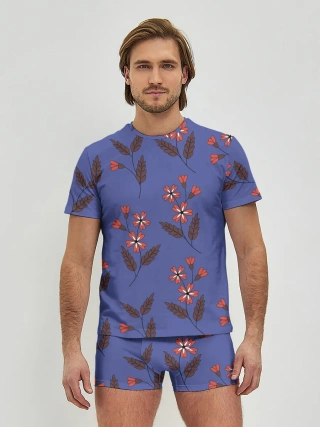 Мужские трусы с футболкой / Цветы на синем фоне