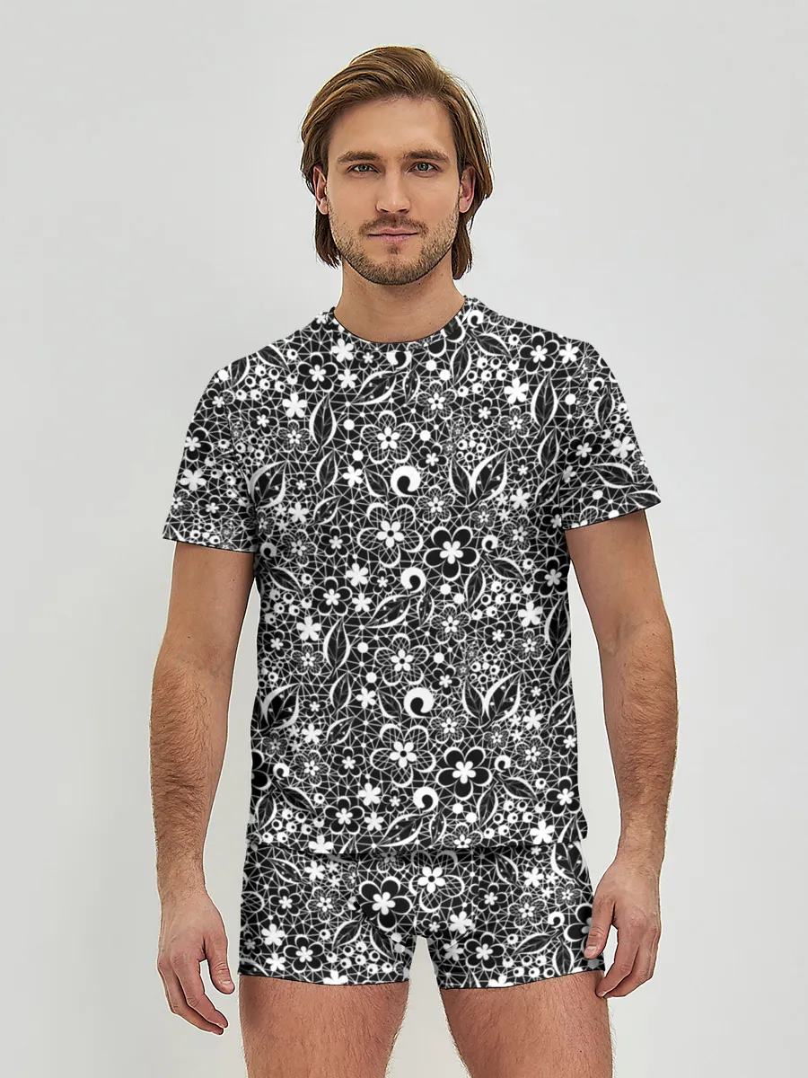 Мужские трусы с футболкой / Кружевной черно белый узор