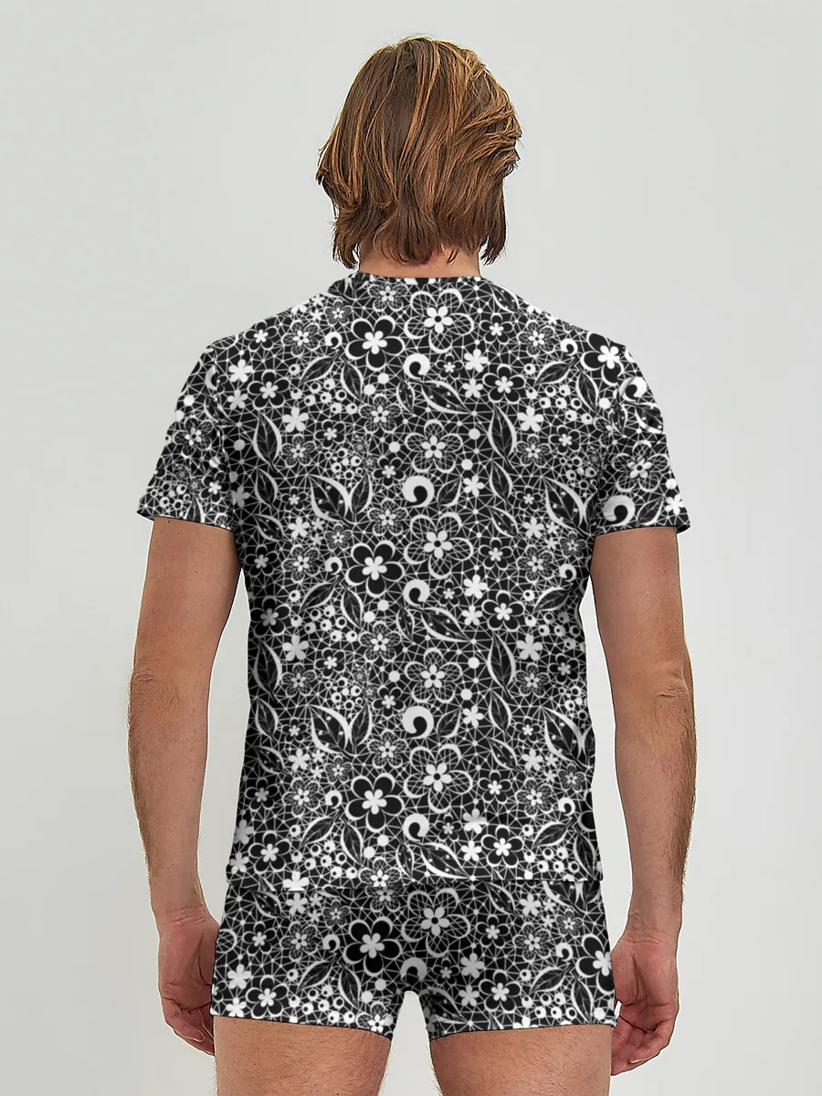 Мужские трусы с футболкой / Кружевной черно белый узор