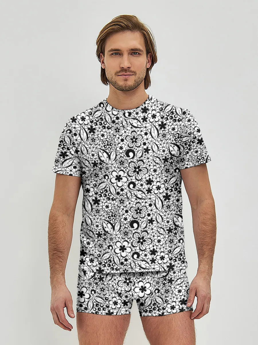 Мужские трусы с футболкой / Черное кружево цветочное