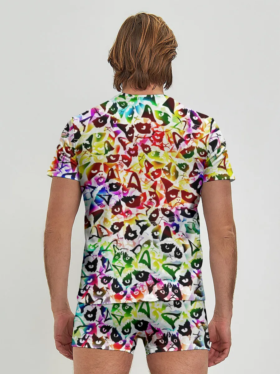 Мужские трусы с футболкой / Веселый узор из грустных котов