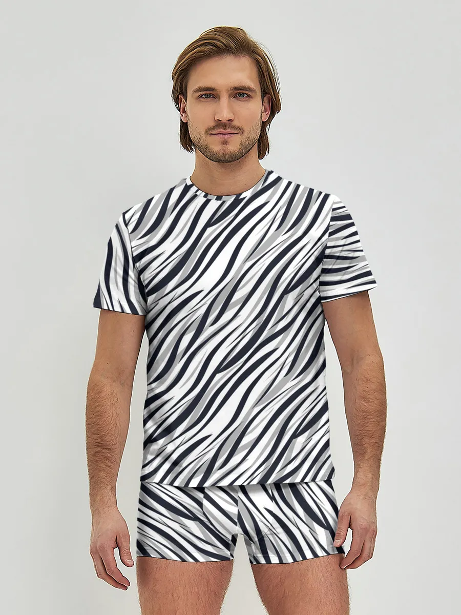 Мужские трусы с футболкой / Черно-белый полосатый тигровый