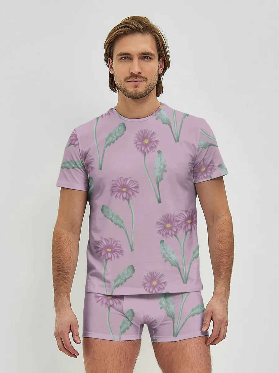 Мужские трусы с футболкой / Розовые герберы на розовом фоне