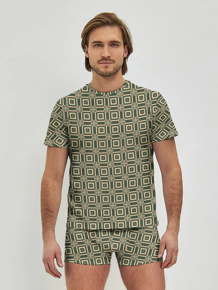 Мужские трусы с футболкой / Абстракция из зеленых квадратов