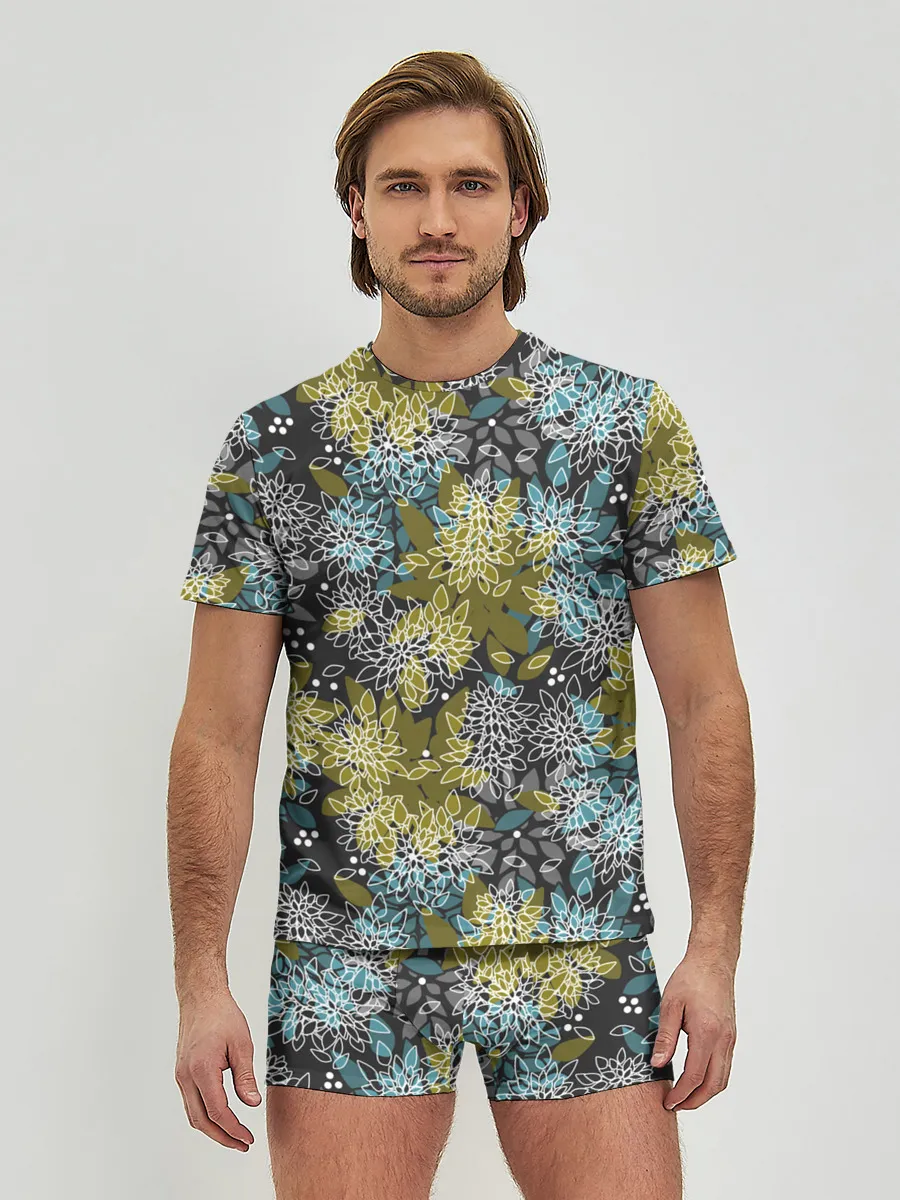 Мужские трусы с футболкой / Черно оливковый цветочный