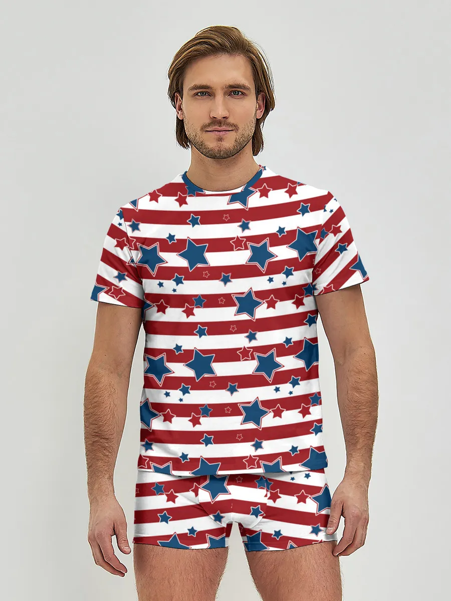 Мужские трусы с футболкой / Синие звезды на полосатом фоне