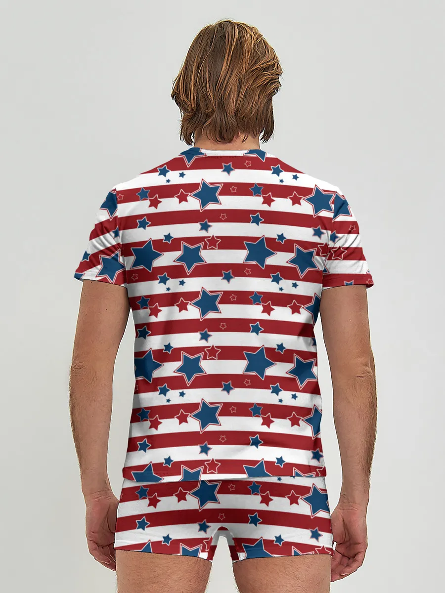 Мужские трусы с футболкой / Синие звезды на полосатом фоне