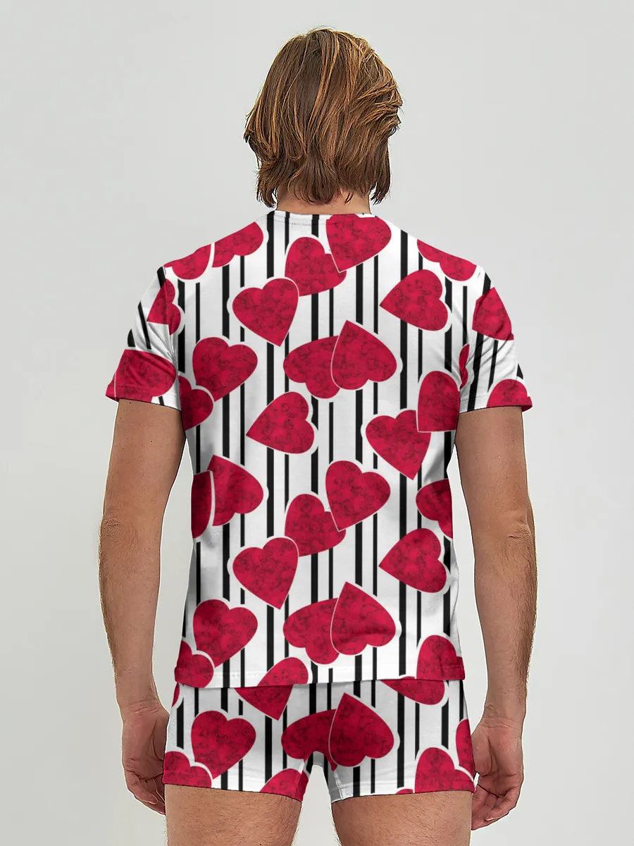 Мужские трусы с футболкой / Полосатый узор сердце