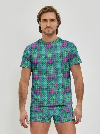 Мужские трусы с футболкой / Бирюзовый клетчатый узор